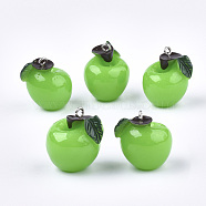 Resin Pendants, with Platinum Tone Iron Findings, Imitation Food, Apple, Lime Green, 23~27x21~22x19~20mm, Hole: 2mm(RESI-T028-34B)