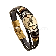 Braided Cowhide Cord Multi-Strand Bracelets, Constellation Bracelet for Men, with Wood Bead & Alloy Clasp, Capricorn, 7-7/8~8-1/2 inch(20~21.5cm) (PW-WG49322-04)