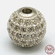Round 925 Sterling Silver Beads, with Micro Pave Cubic Zirconia, Silver, 6mm, Hole: 1mm(STER-O021-01S-6mm)