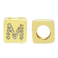 Brass Micro Pave Clear Cubic Zirconia European Beads, Cube with Letter, Letter.M, 8.5x8.5x8.5mm, Hole: 5mm, 3pcs/bag(KK-T030-LA842-MX3)