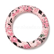 Food Grade Eco-Friendly Silicone Pendants, Ring with Flower Pattern, Pink, 65x10mm, Hole: 4mm(SIL-M001-01G)