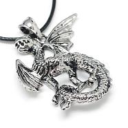 Alloy Pendant Necklaces, with Waxed Cord and Iron End Chains, Dragon, Antique Silver, 17.3 inch(44cm)(NJEW-S381-019)
