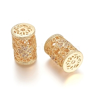 Brass Micro Pave Clear Cubic Zirconia Beads, Long-Lasting Plated, Hollow, Column with Flower, Clear, Golden, 18x12.5mm, Hole: 2mm(X-ZIRC-I035-03G-A)