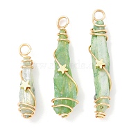 Electroplated Raw Rough Natural Quartz Crystal Copper Wire Wrapped Pendants, Green Plated Teardrop Charms with Bras Star Beads, Golden, 28~40x7.5~10x10~11mm, Hole: 3.5mm(PALLOY-JF02412-01)