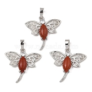 Rack Plating Brass Pendants, with Natural Red Jasper, Dragonfly Charms, Platinum, 30x30.5x6mm, Hole: 8x5mm(G-Z033-09P-05)