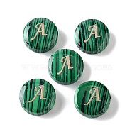 Synthetic Malachite Beads, with Golden Tone Brass Slices, Flat Round with Letter, Letter A, 15x5mm, Hole: 1.4mm(G-A238-01A)