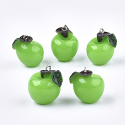 Resin Pendants, with Platinum Tone Iron Findings, Imitation Food, Apple, Lime Green, 23~27x21~22x19~20mm, Hole: 2mm(RESI-T028-34B)