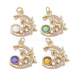 Brass Clear Cubic Zirconia Glass Pendants, with Jump Ring, Long-Lasting Plated, Lead Free & Cadmium Free, Moon, Real 18K Gold Plated, Mixed Color, 22x20x4.5mm, Jump Ring: 5x0.8mm, 3.5mm Inner Diameter(ZIRC-C024-07G)