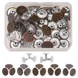 Iron Button Pins for Jeans, Garment Accessories, Flat Round with Pattern, Gunmetal & Red Copper & Antique Bronze, 17x7.5mm, Hole: 1.8mm, Pin: 7.5x8mm, Knob: 2.5mm, 5pattern, 50sets/box(BUTT-YW0001-02)