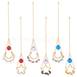 6Pcs 6 Styles Moon Star Alloy Gemstone Chip Pendant Decoration, K9 Glass Crystal Ball Prism Hanging Ornament, with Golden Plated Iron Cable Chains, Mixed Color, 188~205mm, Pendant: 100~125x43.5~48x5~8mm, 1pc/style(HJEW-PH01696)