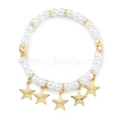 Rack Plating Brass Stretch Bracelets, with ABS Imitation Pearl Beads, Cadmium Free & Lead Free, Long-Lasting Plated, Star, Inner Diameter: 2 inch(4.95cm)(BJEW-P341-10A-G)