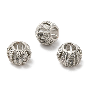 Rack Plating Brass Cubic Zirconia Beads, Cadmium Free & Lead Free, Long-Lasting Plated, Grooved Hollow Rondelle, Platinum, 8x6mm, Hole: 3.5mm