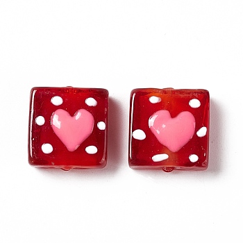 Handmade Lampwork Beads, Square with Heart Pattern, Crimson, 16x15x6mm, Hole: 1.8mm