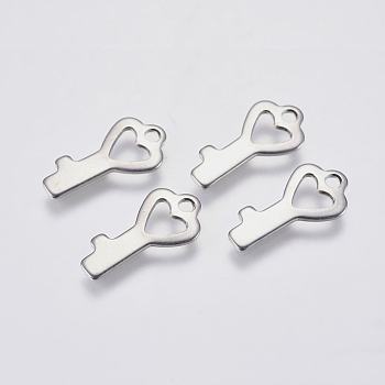 201 Stainless Steel Pendants, Cut-Out, Hollow Heart Key, Stainless Steel Color, 16x8x1mm, Hole: 2mm