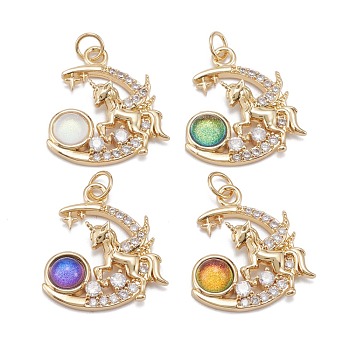 Brass Clear Cubic Zirconia Glass Pendants, with Jump Ring, Long-Lasting Plated, Lead Free & Cadmium Free, Moon, Real 18K Gold Plated, Mixed Color, 22x20x4.5mm, Jump Ring: 5x0.8mm, 3.5mm Inner Diameter
