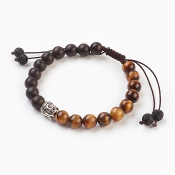 Natural Tiger Eye Braided Bracelets, Nylon Cord Square Knot Bracelet, with Natural Sandalwood Beads and Tibetan Style Alloy Beads, Buddha Head, 2-1/4 inch(5.7cm)~3-1/2 inch(8.9cm)