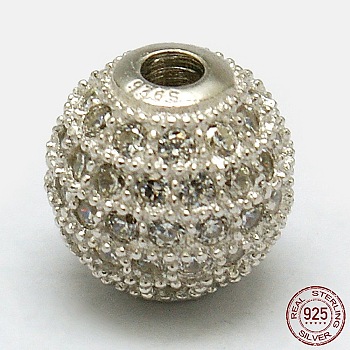Round 925 Sterling Silver Beads, with Micro Pave Cubic Zirconia, Silver, 6mm, Hole: 1mm