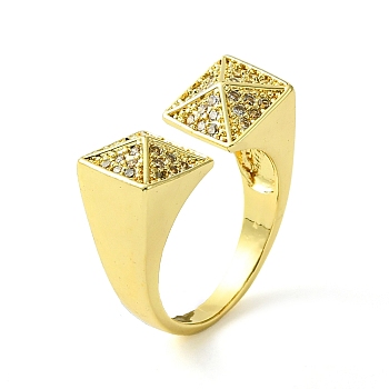 Brass Micro Pave Cubic Zirconia Open Cuff Rings, Square, Real 16K Gold Plated, US Size 6 1/2(16.9mm)