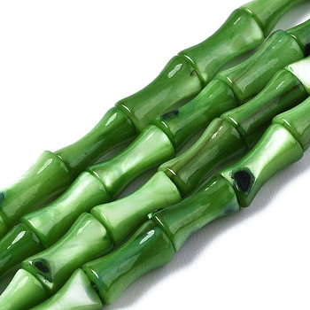 Natural Freshwater Shell Beads Strands, Dyed, Bamboo Stick, Olive Drab, 8x4.5x4.5mm, Hole: 0.7mm, about 45~48pcs/strand, 14.61~15.51 inch(37.1~39.4cm)