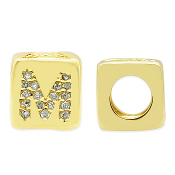 Brass Micro Pave Clear Cubic Zirconia European Beads, Cube with Letter, Letter.M, 8.5x8.5x8.5mm, Hole: 5mm, 3pcs/bag