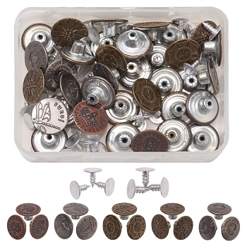 Iron Button Pins for Jeans, Garment Accessories, Flat Round with Pattern, Gunmetal & Red Copper & Antique Bronze, 17x7.5mm, Hole: 1.8mm, Pin: 7.5x8mm, Knob: 2.5mm, 5pattern, 50sets/box