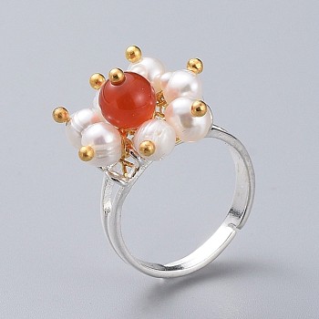 Adjustable Natural Red Agate/Carnelian Finger Rings, with Natural Pearl, Silver Plated Brass Ring Shanks and Ball Head Pin, with Cardboard Packing Box, Size 7, 17mm