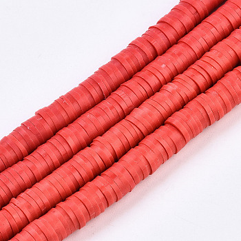 Flat Round Handmade Polymer Clay Beads, Disc Heishi Beads for Hawaiian Earring Bracelet Necklace Jewelry Making, Red, 8x0.5~1mm, Hole: 2mm, about 380~400pcs/strand, 17.7 inch