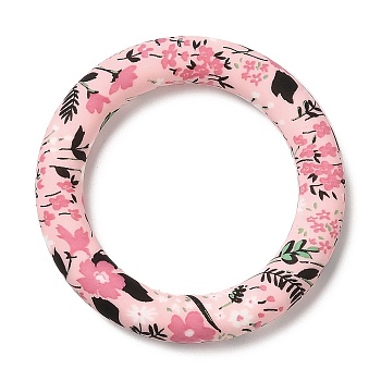 Food Grade Eco-Friendly Silicone Pendants, Ring with Flower Pattern, Pink, 65x10mm, Hole: 4mm