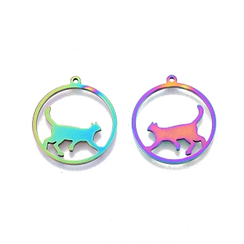 Ion Plating(IP) 201 Stainless Steel Pendants, Ring with Cat, Rainbow Color, 27x25x1.5mm, Hole: 1.4mm