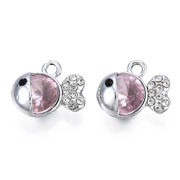 UV Plating Alloy Charms, with Crystal Rhinestone and Glass, Platinum, Cadmium Free & Lead Free, Fish, Pink, 11.5x14.5x7mm, Hole: 1.8mm