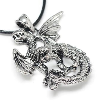 Alloy Pendant Necklaces, with Waxed Cord and Iron End Chains, Dragon, Antique Silver, 17.3 inch(44cm)