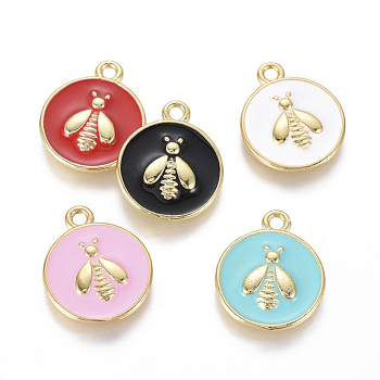 Golden Plated Brass Enamel Pendants, Flat Round with Bee, Mixed Color, 16x13x2mm, Hole: 1.6mm