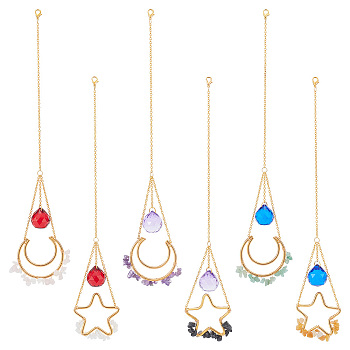 6Pcs 6 Styles Moon Star Alloy Gemstone Chip Pendant Decoration, K9 Glass Crystal Ball Prism Hanging Ornament, with Golden Plated Iron Cable Chains, Mixed Color, 188~205mm, Pendant: 100~125x43.5~48x5~8mm, 1pc/style