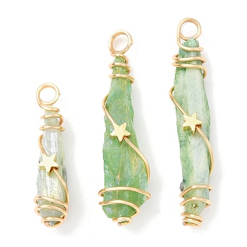 Electroplated Raw Rough Natural Quartz Crystal Copper Wire Wrapped Pendants, Green Plated Teardrop Charms with Bras Star Beads, Golden, 28~40x7.5~10x10~11mm, Hole: 3.5mm