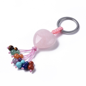 Natural Rose Quartz Heart with Mixed Gemstone Tassel Keychains, with 304 Stainless Steel Ring Clasps, 8.5~9cm