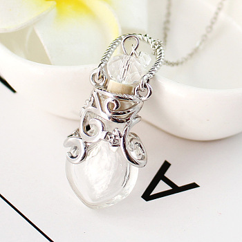 Lampwork Perfume Bottle Pendant Necklace, Platinum Titanium Steel Jewelry for Women, Clear, 17.72 inch(45cm)