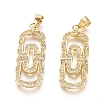 Brass Micro Pave Clear Cubic Zirconia Pendants, Oval, Golden, 30x12x2.5mm, Hole: 5x4mm