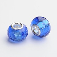128 Faceted Glass European Large Hole Beads, with 925 Sterling Silver Core, Rondelle, Blue, 13x9.5mm, Hole: 4.5mm(GPDL-F010-07)