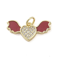 Dyed Synthetic Turquoise Pendants, Brass Micro Pave Clear Cubic Zirconia Heart with Wings Charms, Real 18K Gold Plated, FireBrick, 10x20.5x2.5mm, Hole: 2.7mm(KK-Q813-09A-02)