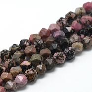 Natural Rhodonite Beads Strands, Star Cut Round Beads, Faceted, 6~7x5~6mm, Hole: 1mm, about 64~66pcs/strand, 15.3 inch(G-R448-6mm-03)