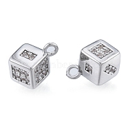 Brass Micro Pave Clear Cubic Zirconia Charms, Cadmium Free & Nickel Free & Lead Free, Dice, Real Platinum Plated, 10x8x8mm, Hole: 1.2mm(KK-N216-576P)