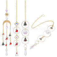 4Pcs 4 Style Christmas Theme Sun Catcher Glass Pendant Decorations, Artificial Crystal Hanging Ornament, with Brass and Iron Findings & Alloy Enamel Charms, Mixed Shape, Golden, 415~500mm, 1pc/style(AJEW-SC0001-51)
