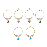 Evil Eye Heart Brass Enamel Pendants Wine Glass Charms Sets, with Brass Hoop Earrings Findings, Brass Rhinestone Spacer Beads, Mixed Color, 42mm, 6pcs/set(AJEW-JO00176)