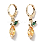 Real 18K Gold Plated Brass Dangle Leverback Earrings, with Cubic Zirconia and Glass, Leaf, Gold, 32x7mm(EJEW-L269-039G)