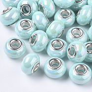 Opaque Resin European Beads, Large Hole Beads, Imitation Porcelain, with Platinum Tone Brass Double Cores, AB Color, Rondelle, Cyan, 14x9mm, Hole: 5mm(RPDL-T038-007E)