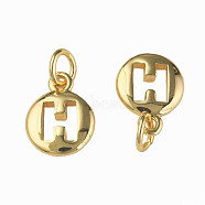 Brass Charms, with Jump Rings, Nickel Free, Flat Round with Letter.H, Real 18K Gold Plated, 11x9x2.5mm, Jump Ring: 5x1mm, 3mm inner diameter(KK-N233-239)