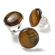 Natural Tiger Eye Round Adjustable Rings, Lead Free & Cadmium Free, Silver Plated Brass Finger Rings for Women Men, Round: 28mm, Inner Diameter: 18mm(RJEW-K371-09S-26)