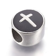 304 Stainless Steel European Beads, with Enamel, Large Hole Beads, Flat Round with Cross, Stainless Steel Color, 11x8mm, Hole: 5mm(STAS-E454-46AS)