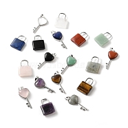 Natural Mixed Gemstone Pendants, with Platinum Tone Brass Findings, Key & Lock, 27~36.5x17~19.5x6.5~7mm, Hole: 8~9x5~9mm(G-E580-01P)
