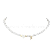 Brass Micro Pave Grade AAA Cubic Zirconia Letter Pendant Necklaces, Heart & Round Baking Painted Pearlized Glass Pearl Beaded Necklaces for Women, Letter F, 15.20 inch(38.6cm)(NJEW-JN04771-06)